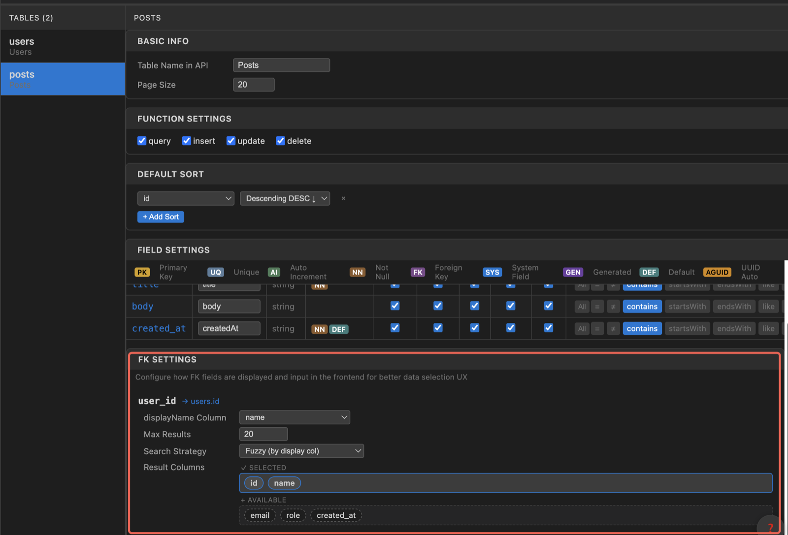 Foreign key settings