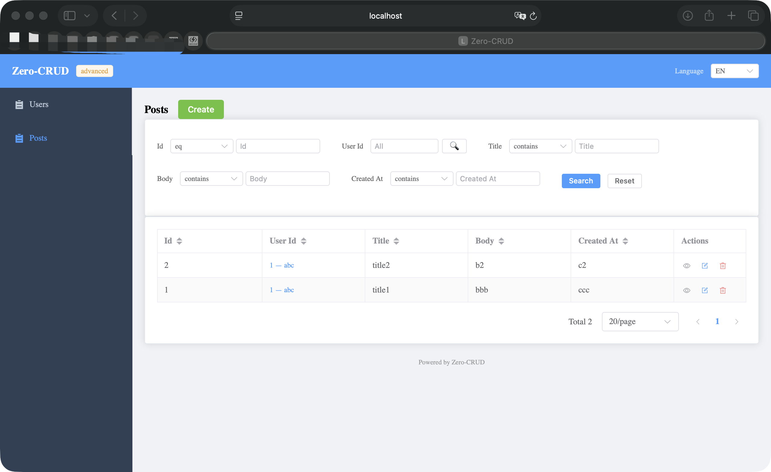Generated frontend list view